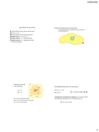 15/01/2016
2
Igualdade de conjuntos
 Conjunto A dos números naturais menores que 5
 B = {0, 1, 2, 3, 4}
A = B, pois ambos têm os mesmos elementos.
 Conjunto vazio  C =  ou C = { }
 Conjunto unitário  D = {capital do Brasil}
 Conjunto universo  U = {população do Brasil},
no estudo da migração
Subconjuntos de um conjunto
A é subconjuntode B se, e somente se, todos os elementos
de A pertencerem a B.
Subconjuntos de
um conjunto
C = {xx é um número primo par}
D = {xx é um número primo menor que 10}
P = {xx é um número primo}
C  P
D  C
Complementar de um conjunto
•A = {0, 1, 2, 3, 4, 5}
•B = {0, 2, 4}
•Complementar do conjunto B em relação a A é o conjunto formado
pelos elementos que pertencem a A e não pertencem a B.
𝐶𝐴
𝐵
= A – B = { 1, 3, 5}
 