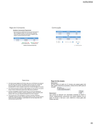 15/01/2016
43
Regra de 3 Composta
Grandezas Inversamente Proporcionais
• Quinze pessoas trabalhando 8 horas por dia durante 5
dias conseguem limpar um certo terreno. Quantas
horas por dia 10 pessoas precisariam trabalhar para
limpar o mesmo terreno em 6 dias?
Horas por Dia Pessoas Dias
8 h / dia 15 pessoas 5 dias
X h / dia 10 pessoas 6 dias
Menos pessoas, mais
horas de trabalho por dia
Menos dias, mais horas
de trabalho por dia
Grandezas Inversamente Proporcionais
Continuação
Horas por Dia Pessoas Dias
8 h / dia 15 pessoas 5 dias
X h / dia 10 pessoas 6 dias
8
𝑥
=
10
15
.
6
5
Horas por Dia Pessoas Dias
8 h / dia 10 pessoas 6 dias
X h / dia 15 pessoas 5 dias
8 .15 .5 = 𝑥 . 10 .6 600 = 60 . 𝑥
𝑥 = 10 ℎ𝑜𝑟𝑎𝑠 𝑝𝑜𝑟 𝑑𝑖𝑎
Exercícios
1. Um texto ocupa 6 páginas de 45 linhas cada uma, com 80 letras (ou espaços)
em cada linha. Para torná-lo mais legível, diminui-se para 30 o número de
linhas por página e para 40 o número de letras (ou espaços) por linha.
Considerando as novas condições, determine o número de páginas ocupadas.
2. Se 6 impressoras iguais produzem 1000 panfletos em 40 minutos, em quanto
tempo 3 dessas impressoras produziriam 2000 desses panfletos?
3. Se foram empregados 4 kg de fios para tecer 14 m de uma maquete de
fazenda com 80 cm de largura, quantos quilogramas serão necessários para
produzir 350 m de uma maquete de fazenda com 120 cm largura?
4. Uma empresa tem 750 empregados e comprou marmitas individuais
congeladas suficientes para o almoço deles durante 25 dias. Se essa empresa
tivesse mais 500 empregados, a quantidade de marmitas adquiridas seria
suficiente para quantos dias?
Exercícios 2
Dois ciclistas se deslocam com velocidades constantes de 30km/h e
27km/h, respectivamente, percorrendo uma mesma distância. Se um
gasta 18 minutos a mais que o outro, determine o tempo gasto pelo
ciclista mais lento.
Regra de três simples
Exercícios 1
Se para tomar um banho de 12 minutos uma pessoa gasta 0,45
kWh, quanto consumirá se aumentar o tempo de seu banho para 20
minutos? W = P.T, onde:
W - energia consumida;
P - potência do eletrodoméstico considerado;
T - tempo de utilização do eletrodoméstico.
V = E/T, onde:
V - velocidade;
E - espaço;
T - tempo.
 