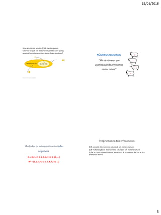 15/01/2016
5
Uma lanchonete vendeu 1.500 hambúrgueres.
Sabendo-se que 725 deles foram pedidos com queijo,
quantos hambúrgueres sem queijo foram vendidos?
2 Operações com conjuntos
Hambúrguer (H)
NÚMEROS NATURAIS
“São os números que
usamos quando precisamos
contar coisas.”
1
2
3
4
São todos os números inteiros não-
negativos.
N = {0, 1, 2, 3, 4, 5, 6, 7, 8, 9, 10, ...}
N* = {1, 2, 3, 4, 5, 6, 7, 8, 9, 10, ...}
Propriedades dos Nº Naturais
1) A soma de dois números naturais é um número natural.
2) A multiplicação de dois números naturais é um número natural.
3) Se n é um número natural, então n+1 é o sucessor de n e n é o
antecessor de n+1
 