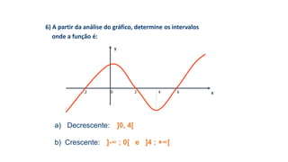 6) A partir da análise do gráfico, determine os intervalos
onde a função é:
y
x-2 0 2 4 6
a) Decrescente: ]0, 4[
b) Crescente: ]-∞ ; 0[ e ]4 ; +∞[
 