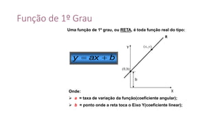 Função de 1º Grau
baxy 
Uma função de 1º grau, ou RETA, é toda função real do tipo:
Onde:
 a = taxa de variação da função(coeficiente angular);
 b = ponto onde a reta toca o Eixo Y(coeficiente linear);
R
b)(0,
X
Y ),( yx
b
 