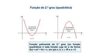 Função polinomial do 2.º grau (ou função
quadrática) é toda função cuja lei é da forma
f(x) = ax2 + bx + c, em que a, b, c  IR e a  0.
Função do 2.º grau (quadrática)
 