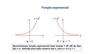 Denominamos função exponencial toda função f: IRIR do tipo
f(x) = ax, definida para todo número real x, com a > 0 e a  1.
Função exponencial
 