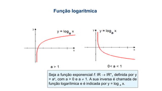 Seja a função exponencial f: IR  IR*+ definida por y
= ax, com a > 0 e a  1. A sua inversa é chamada de
função logarítmica e é indicada por y = log a x.
Função logarítmica
 