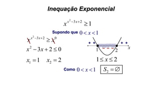 Inequação Exponencial
1232
 xx
x
0232
xx xx

2S
10  x
0232
 xx
11 x 22 x
x1 – – –
+ +
2
+ +
21  x
Como 10  x
Supondo que
 