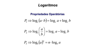 Logaritmos
Propriedades Operátórias
  babaP ccc logloglog1 
ba
b
a
P ccc logloglog2 






  anaP b
n
b loglog3 
 