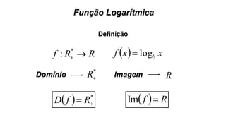 Função Logarítmica
Definição
RRf 
*
:   xxf blog
*
RDomínio
  Rf Im
Imagem R
  *
 RfD
 