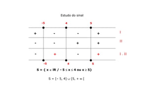 Estudo do sinal
I
II
I . II
-5 4 5
-5 4 5
+ +
+ +
- -
- -
- -+ +
S = { x  lR / - 5  x  4 ou x  5}
S = [– 5, 4]  [5, +  [
 