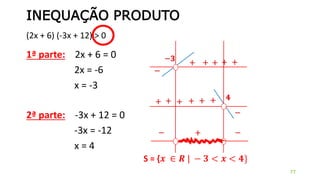 INEQUAÇÃO PRODUTO
(2x + 6) (-3x + 12) > 0
77
1ª parte: 2x + 6 = 0
2x = -6
x = -3
2ª parte: -3x + 12 = 0
-3x = -12
x = 4
−𝟑 +
−
𝟒
−
+
+ + + +
+++++
−+−
S = {𝒙 ∈ 𝑹 | − 𝟑 < 𝒙 < 𝟒}
 
