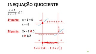 INEQUAÇÃO QUOCIENTE
𝑥 + 1
2𝑥 − 1
≤ 0
80
1ª parte: x + 1 = 0
x = -1
−𝟏 +
−
+ + + +
2ª parte: 2x - 1 ≠ 0
x ≠ 1/2
𝟏
𝟐
+
−−−−−−−
+ +
+−+
S = {𝒙 ∈ 𝑹 | − 𝟏 ≤ 𝒙 <
𝟏
𝟐
}
 