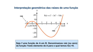 Seja f uma função de A em B. Denominamos raiz (ou zero)
da função f todo elemento de A para o qual temos f(x) =0.
Interpretação geométrica das raízes de uma função
raiz
raiz
 