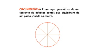 CIRCUNFERÊNCIA- É um lugar geométrico de um
conjunto de infinitos pontos que equidistam de
um ponto situado no centro.
 