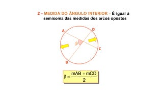 
A
C
B
D
2 - MEDIDA DO ÂNGULO INTERIOR - É igual à
semisoma das medidas dos arcos opostos
2
mCDmAB 

 