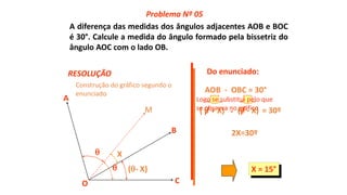 A diferença das medidas dos ângulos adjacentes AOB e BOC
é 30°. Calcule a medida do ângulo formado pela bissetriz do
ângulo AOC com o lado OB.
A
O
B
C


X
(- X)
(  + X) ( - X) = 30º
2X=30º
X = 15°
Problema Nº 05
RESOLUÇÃO
M
Construção do gráfico segundo o
enunciado
Do enunciado:
AOB - OBC = 30°
-
Logo se substitui pelo que
se observa no gráfico
 