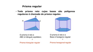 Prisma regular
• Todo prisma reto cujas bases são polígonos
regulares é chamado de prisma regular.
O prisma é reto e
ABC é triângulo eqüilátero
⇒
A
B
C
Prisma triangular regular
O prisma é reto e a
Base é hexágono regular
⇒
Prisma hexagonal regular
 