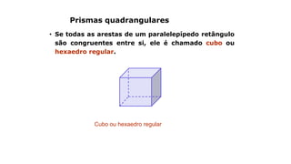Prismas quadrangulares
• Se todas as arestas de um paralelepípedo retângulo
são congruentes entre si, ele é chamado cubo ou
hexaedro regular.
Cubo ou hexaedro regular
 