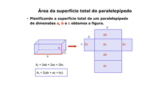 Área da superfície total do paralelepípedo
• Planificando a superfície total de um paralelepípedo
de dimensões a, b e c obtemos a figura.
a
c
b
a
b
c
ab
ab
ac
ac
bc bc
AT = 2ab + 2ac + 2bc
AT = 2(ab + ac + bc)
 