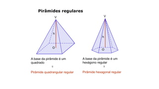 Pirâmides regulares
A base da pirâmide é um
quadrado
⇒
Pirâmide quadrangular regular
A base da pirâmide é um
hexágono regular
⇒
Pirâmide hexagonal regular
V
h
O
V
h
O
 
