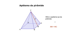 V
A B
CD
Apótema da pirâmide
VM é o apótema (p) da
pirâmidep
M
⇒
BM = MC
 