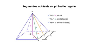 Segmentos notáveis na pirâmide regular
 VO = h, altura;
V
B
A
M
O
a
h
m
r
p
b
 VA = a, aresta lateral;
 AB = b, aresta da base;
 