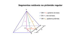 Segmentos notáveis na pirâmide regular
 OM = m, apótema da base;
V
B
A
M
O
a
h
m
r
p
b
 OA = r, raio da base;
 VM = p, apótema pirâmide;
 