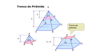 Tronco de Pirâmide R
C
A
h
B
D
A’ B’
C’D’
h’
C
A
h – h’
B
D
A’ B’
C’D’
R
A’ B’
C’D’
h’
Tronco de
pirâmide
 