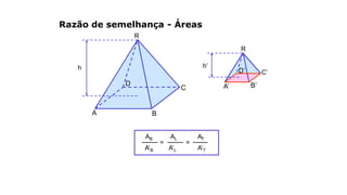 Razão de semelhança - Áreas
R
C
A
h
D
R
A’ B’
C’D’
h’
B
=
A’B
AB
A’L
AL
=
A’T
AT
 