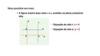 Retas paralelas aos eixos
• A figura mostra duas retas r e s, contidas no plano cartesiano
xOy.
x
y
O 4
2
r
s
 Equação da reta r: x = 4
 Equação da reta s: y = 2
 