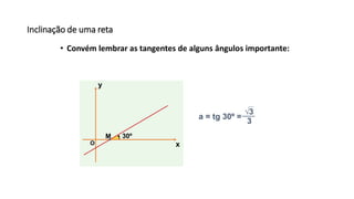 Inclinação de uma reta
• Convém lembrar as tangentes de alguns ângulos importante:
a = tg 30º =
x
y
O
30ºM
3
√3
 