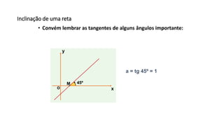 Inclinação de uma reta
• Convém lembrar as tangentes de alguns ângulos importante:
a = tg 45º = 1
x
y
O
45ºM
 