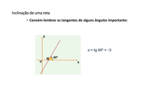 Inclinação de uma reta
• Convém lembrar as tangentes de alguns ângulos importante:
a = tg 60º = √3
x
y
O
60ºM
 