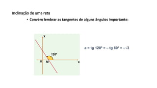 Inclinação de uma reta
• Convém lembrar as tangentes de alguns ângulos importante:
x
y
O
120º
M
a = tg 120º = – tg 60º = –√3
 