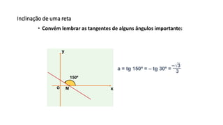 Inclinação de uma reta
• Convém lembrar as tangentes de alguns ângulos importante:
a = tg 150º = – tg 30º =
x
y
O
150º
M
3
–√3
 
