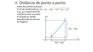 Dados dois pontos quaisquer,
A e B, de coordenadas (xA, yA)
e (xB, yB), respectivamente,
a distância entre os pontos
A e B pode ser obtida
pela aplicação do teorema
de Pitágoras.
II. Distância de ponto a ponto
GEOMETRIA ANALÍTICA – DISTÂNCIAS
 