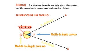  O
A
B
ÂNGULO – é a abertura formada por dois raios divergentes
que têm um extremo comum que se denomina vértice.
ELEMENTOS DE UM ÂNGULO:
 