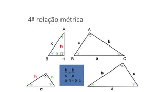 4ª relação métrica
c
h n
h
c
n
A
HB
a
b c
bc
A
B Ca
cbha
a
b
c
h


 
