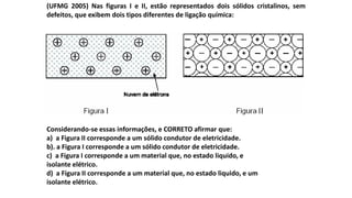 (UFMG 2005) Nas figuras I e II, estão representados dois sólidos cristalinos, sem
defeitos, que exibem dois tipos diferentes de ligação química:
Considerando-se essas informações, e CORRETO afirmar que:
a) a Figura II corresponde a um sólido condutor de eletricidade.
b). a Figura I corresponde a um sólido condutor de eletricidade.
c) a Figura I corresponde a um material que, no estado liquido, e
isolante elétrico.
d) a Figura II corresponde a um material que, no estado liquido, e um
isolante elétrico.
 