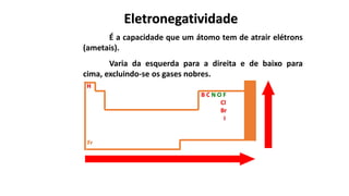 B C N O F
Cl
Br
I
H
Fr
Eletronegatividade
É a capacidade que um átomo tem de atrair elétrons
(ametais).
Varia da esquerda para a direita e de baixo para
cima, excluindo-se os gases nobres.
 