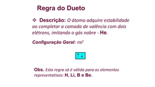 Regra do Dueto
 Descrição: O átomo adquire estabilidade
ao completar a camada de valência com dois
elétrons, imitando o gás nobre - He.
Configuração Geral: ns2
 
Obs. Esta regra só é válida para os elementos
representativos: H, Li, B e Be.
 