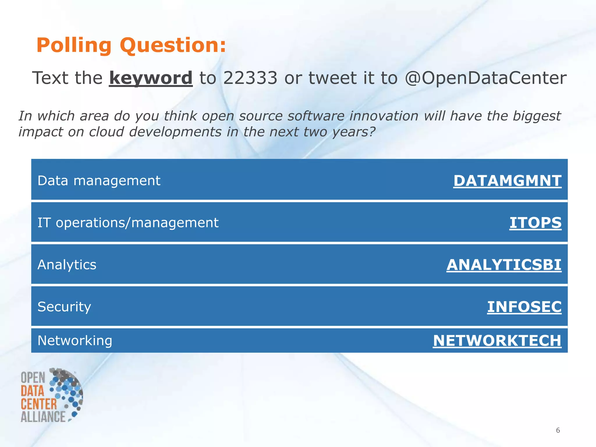 Polling Question:
  Text the keyword to 22333 or tweet it to @OpenDataCenter

In which area do you think open source software innovation will have the biggest
impact on cloud developments in the next two years?


  Data management                                               DATAMGMNT

  IT operations/management                                              ITOPS

  Analytics                                                    ANALYTICSBI

  Security                                                           INFOSEC

  Networking                                                 NETWORKTECH




                                                                               6
 