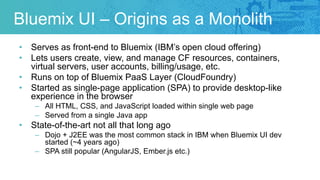 Bluemix UI – Origins as a Monolith
• Serves as front-end to Bluemix (IBM’s open cloud offering)
• Lets users create, view,...