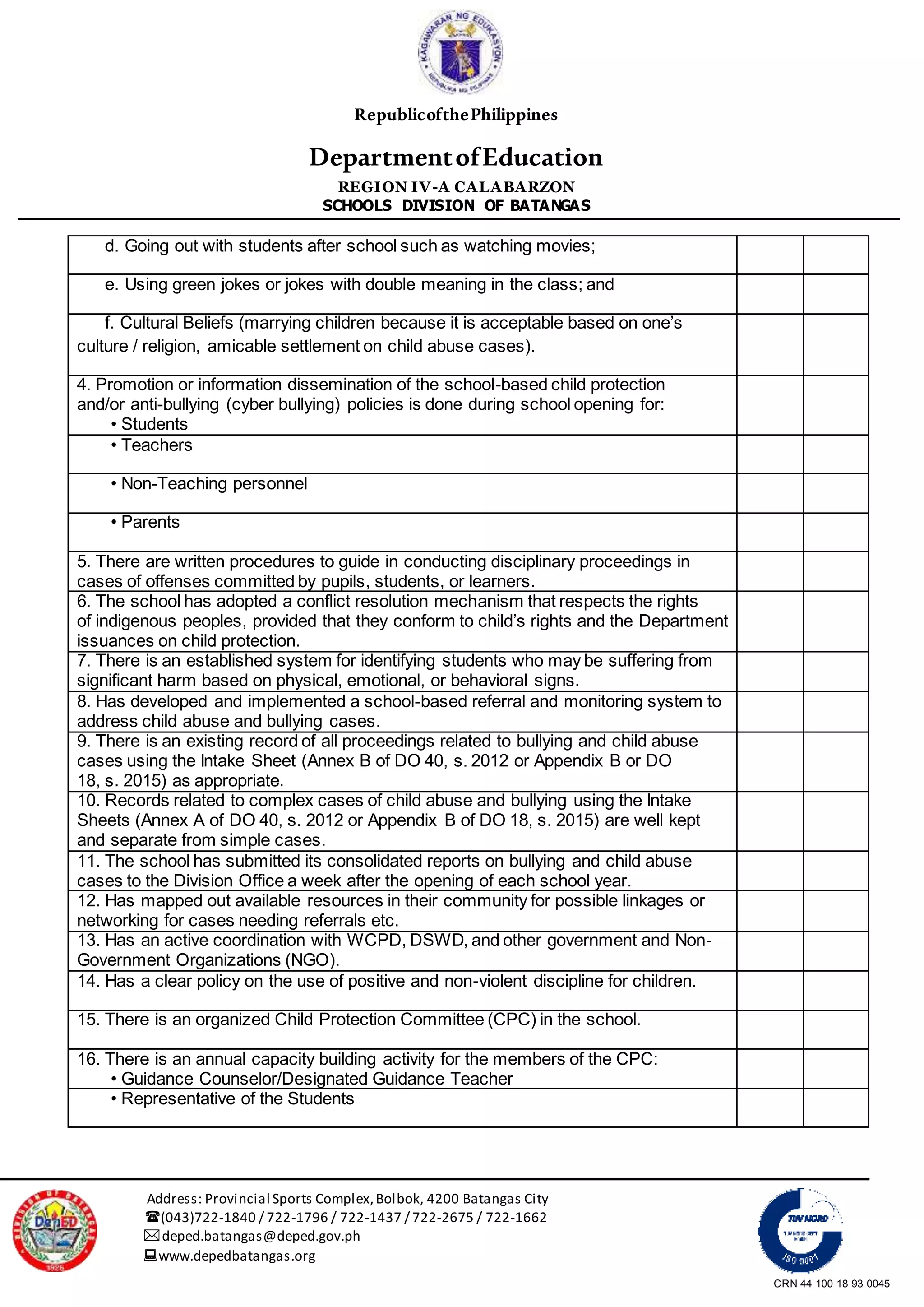 CRN 44 100 18 93 0045
RepublicofthePhilippines
DepartmentofEducation
REGION IV-A CALABARZON
SCHOOLS DIVISION OF BATANGAS
Address: Provincial Sports Complex,Bolbok, 4200 Batangas City
(043)722-1840 / 722-1796 / 722-1437 / 722-2675 / 722-1662
deped.batangas@deped.gov.ph
www.depedbatangas.org
d. Going out with students after school such as watching movies;
e. Using green jokes or jokes with double meaning in the class; and
f. Cultural Beliefs (marrying children because it is acceptable based on one’s
culture / religion, amicable settlement on child abuse cases).
4. Promotion or information dissemination of the school-based child protection
and/or anti-bullying (cyber bullying) policies is done during school opening for:
• Students
• Teachers
• Non-Teaching personnel
• Parents
5. There are written procedures to guide in conducting disciplinary proceedings in
cases of offenses committed by pupils, students, or learners.
6. The school has adopted a conflict resolution mechanism that respects the rights
of indigenous peoples, provided that they conform to child’s rights and the Department
issuances on child protection.
7. There is an established system for identifying students who may be suffering from
significant harm based on physical, emotional, or behavioral signs.
8. Has developed and implemented a school-based referral and monitoring system to
address child abuse and bullying cases.
9. There is an existing record of all proceedings related to bullying and child abuse
cases using the Intake Sheet (Annex B of DO 40, s. 2012 or Appendix B or DO
18, s. 2015) as appropriate.
10. Records related to complex cases of child abuse and bullying using the Intake
Sheets (Annex A of DO 40, s. 2012 or Appendix B of DO 18, s. 2015) are well kept
and separate from simple cases.
11. The school has submitted its consolidated reports on bullying and child abuse
cases to the Division Office a week after the opening of each school year.
12. Has mapped out available resources in their community for possible linkages or
networking for cases needing referrals etc.
13. Has an active coordination with WCPD, DSWD, and other government and Non-
Government Organizations (NGO).
14. Has a clear policy on the use of positive and non-violent discipline for children.
15. There is an organized Child Protection Committee (CPC) in the school.
16. There is an annual capacity building activity for the members of the CPC:
• Guidance Counselor/Designated Guidance Teacher
• Representative of the Students
 