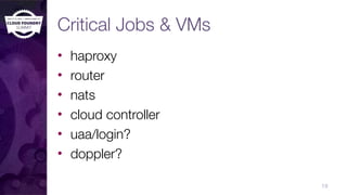 Critical Jobs & VMs
• haproxy
• router
• nats
• cloud controller
• uaa/login?
• doppler?
19
 