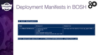 Deployment Manifests in BOSH
~$ bosh deployments
bosh download manifest cf-c700aee17d9f801eb152 cfmanifest.yml
 