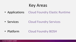 • Applications
• Services
• Platform
Key Areas
Cloud Foundry Elastic Runtime
Cloud Foundry Services
Cloud Foundry BOSH
 