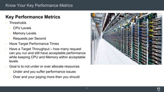 Know Your Key Performance Metrics
Key Performance Metrics
▪ Thresholds
▪ CPU Levels
▪ Memory Levels
▪ Requests per Second
▪ Have Target Performance Times
▪ Have a Target Throughput – how many request
can you run and still have acceptable performance
while keeping CPU and Memory within acceptable
levels
▪ Goal is to not under or over allocate resources
▪ Under and you suffer performance issues
▪ Over and your paying more then you should
13
 