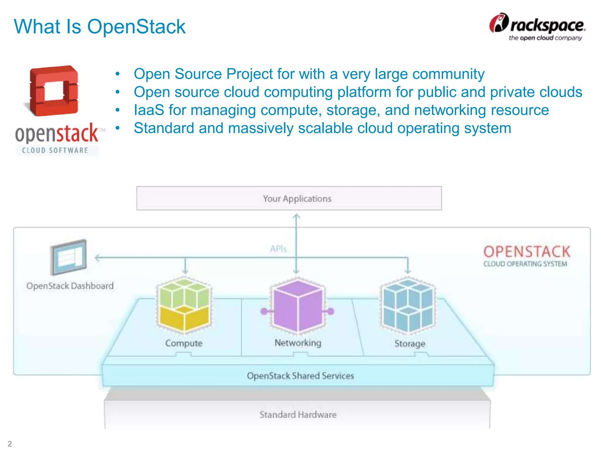 2
What Is OpenStack
• Open Source Project for with a very large community
• Open source cloud computing platform for public and private clouds
• IaaS for managing compute, storage, and networking resource
• Standard and massively scalable cloud operating system
 