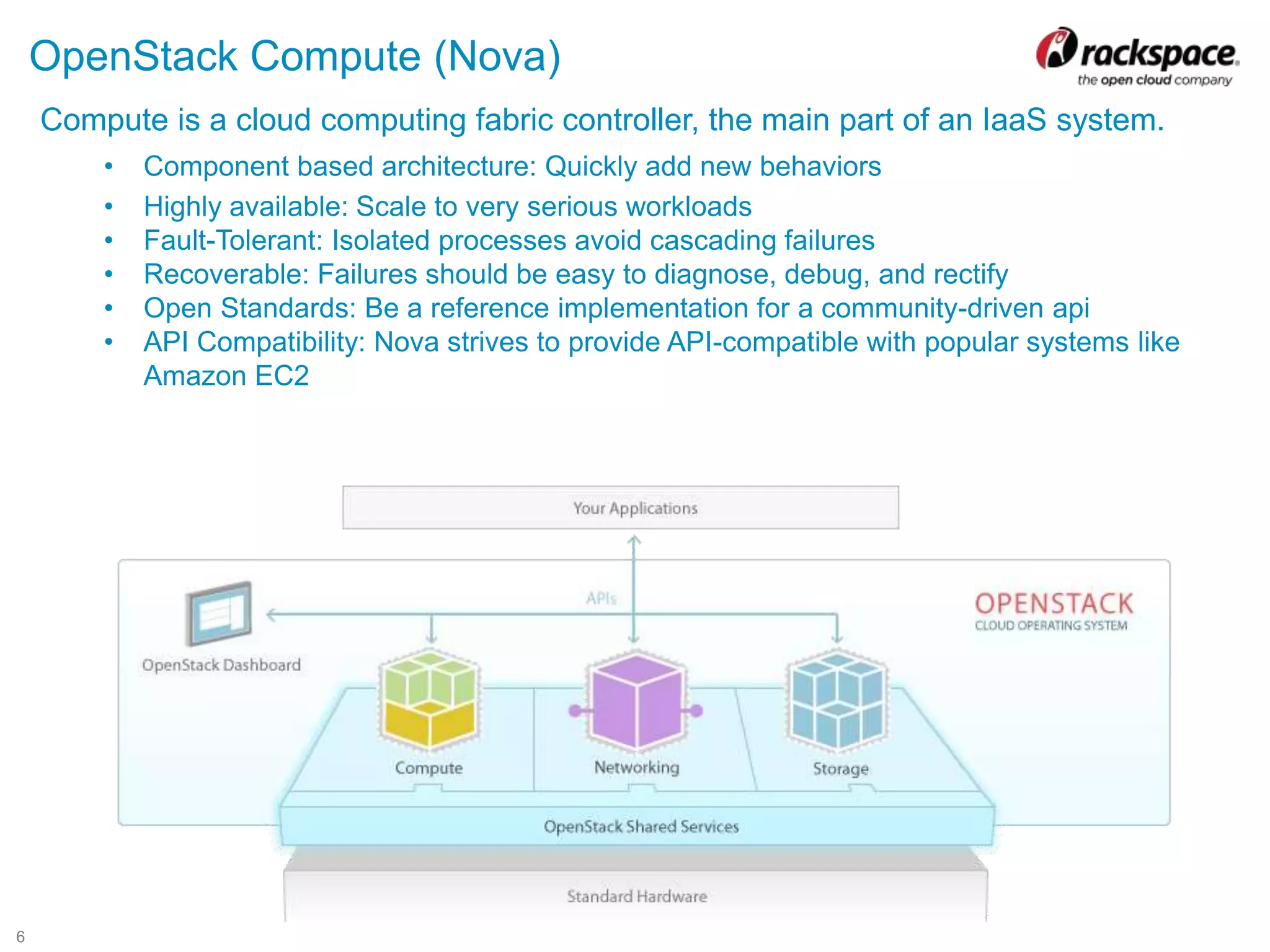 6
OpenStack Compute (Nova)
Compute is a cloud computing fabric controller, the main part of an IaaS system.
• Component based architecture: Quickly add new behaviors
• Highly available: Scale to very serious workloads
• Fault-Tolerant: Isolated processes avoid cascading failures
• Recoverable: Failures should be easy to diagnose, debug, and rectify
• Open Standards: Be a reference implementation for a community-driven api
• API Compatibility: Nova strives to provide API-compatible with popular systems like
Amazon EC2
 