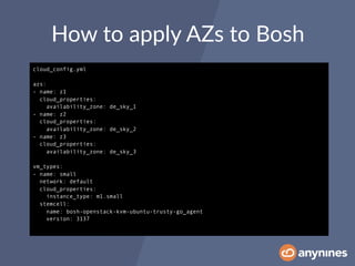 How to apply AZs to Bosh
cloud_config.yml
azs:
- name: z1
cloud_properties:
availability_zone: de_sky_1
- name: z2
cloud_properties:
availability_zone: de_sky_2
- name: z3
cloud_properties:
availability_zone: de_sky_3
vm_types:
- name: small
network: default
cloud_properties:
instance_type: m1.small
stemcell:
name: bosh-openstack-kvm-ubuntu-trusty-go_agent
version: 3137
 