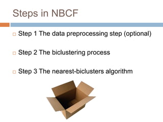 Steps in NBCFStep 1 The data preprocessing step (optional)Step 2 The biclustering processStep 3 The nearest-biclusters algorithm